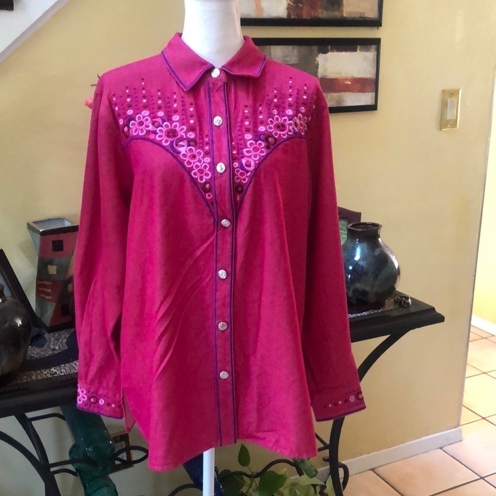 Bob Mackie Coastal Cowgirl Embroidered Western Button Up Long Sleeve Pink Shirt